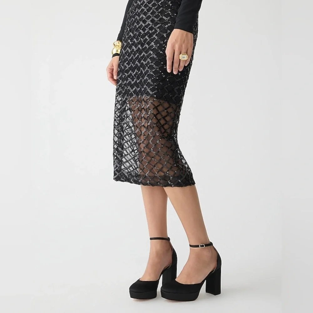▪️J Crew Lattice Sequin Pencil Skirt in Black, 12 NWT✨